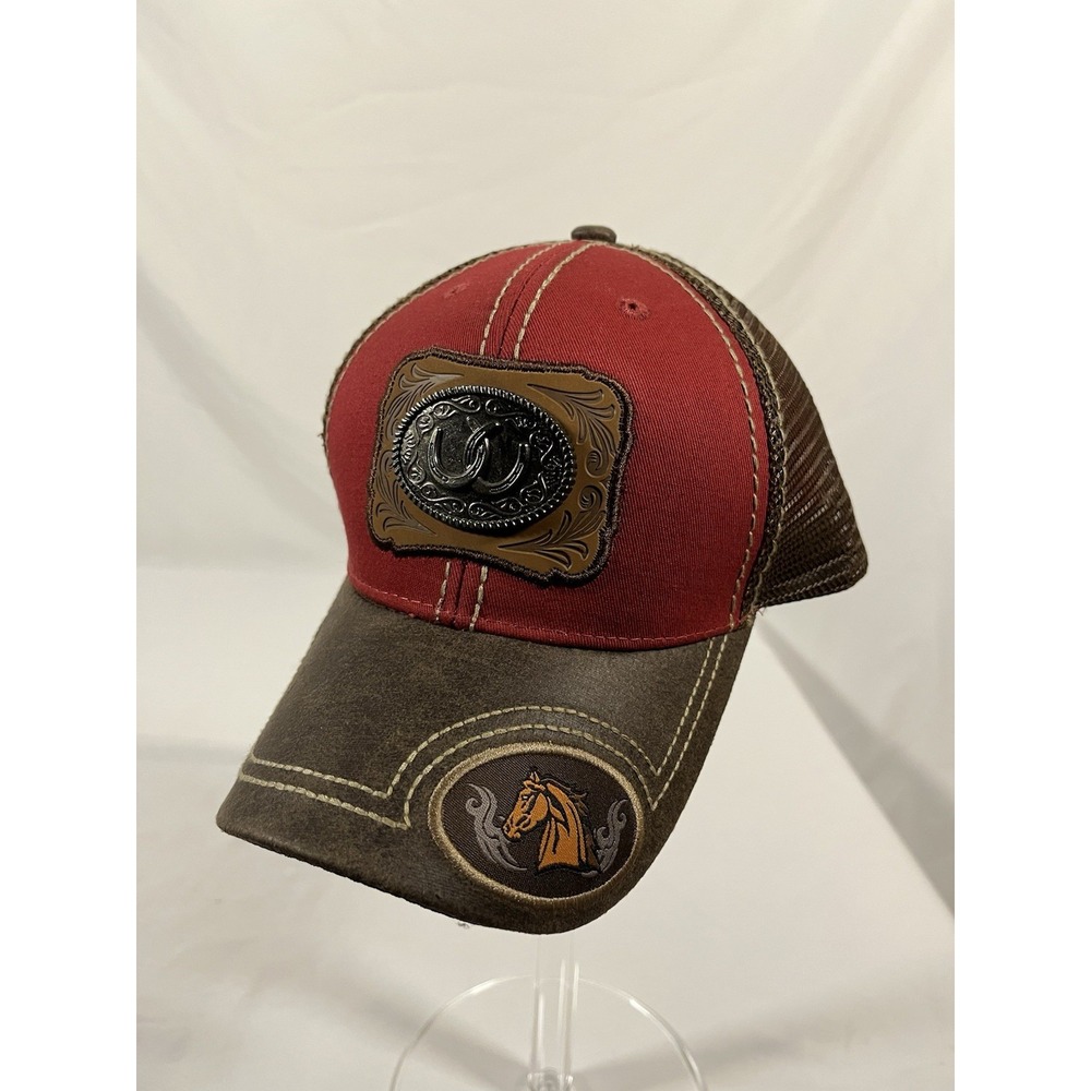 Pit Bull Horseshoe Trucker Hat Red Brown Mesh Snapback Western Cowboy